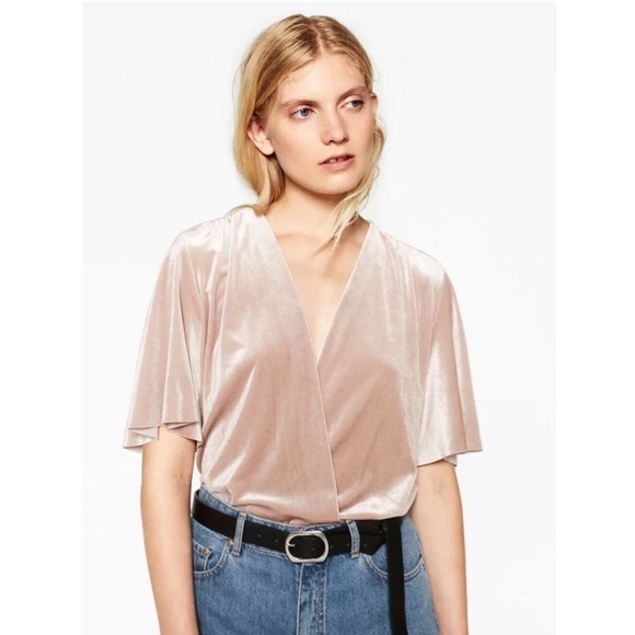 Zara Tops - NWOT Zara champagne/silver short sleeved velvet wrap bodysuit